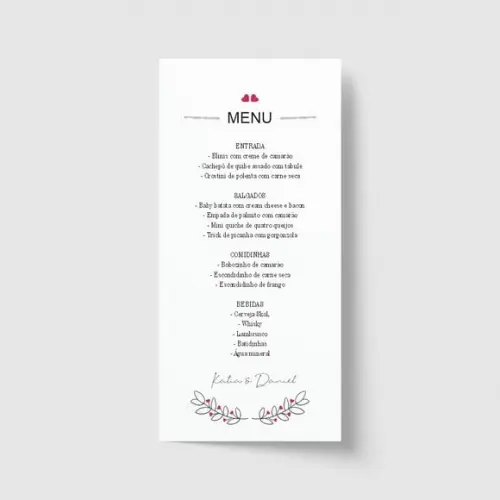 Cardápio / Menu personalizado casamento e festas 10cm x 21cm