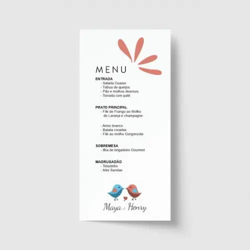 Cardápio / Menu personalizado casamento e festas 10cm x 21cm