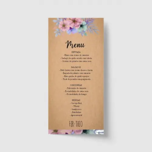 Cardápio / Menu personalizado casamento e festas 10cm x 21cm
