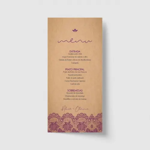 Cardápio / Menu personalizado casamento e festas 10cm x 21cm