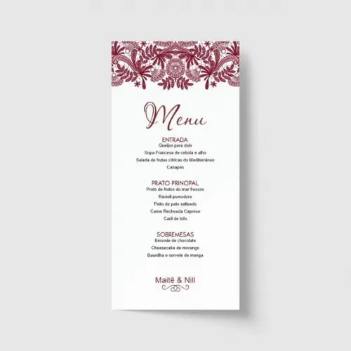 Cardápio / Menu personalizado casamento e festas 10cm x 21cm