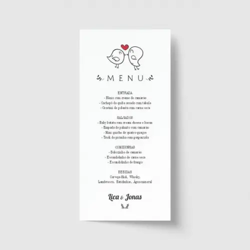 Cardápio / Menu personalizado casamento e festas 10cm x 21cm