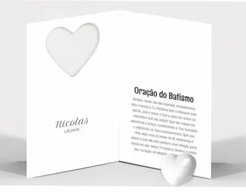 Cartão Batismo Personalizado c/ Aplique Mini Coração Branco.