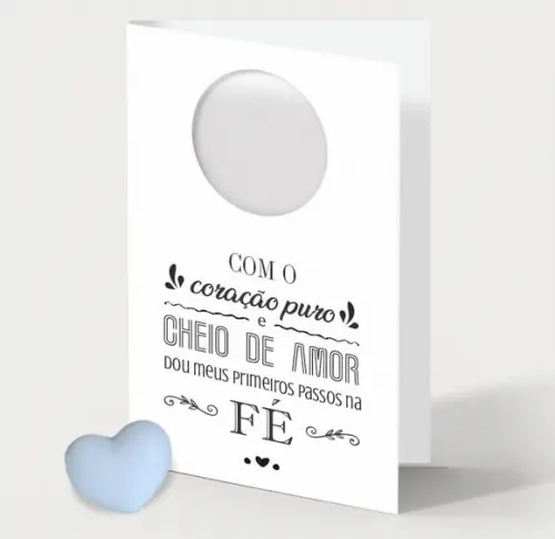 Cartão Batismo Personalizado c/ Aplique Mini Coração Azul.