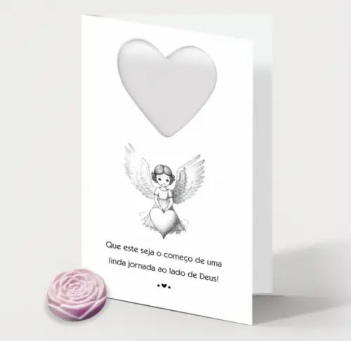 Cartão Batismo Personalizado c/ Aplique Mini Flor Rosa.