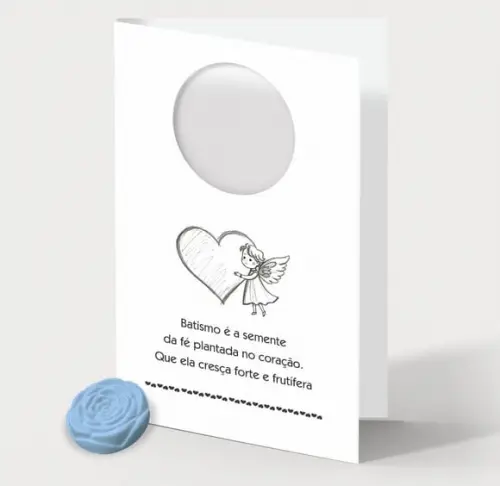 Cartão Batismo Personalizado c/ Aplique Mini Flor Azul.