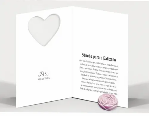 Cartão Batismo Personalizado c/ Aplique Mini Flor Rosa.