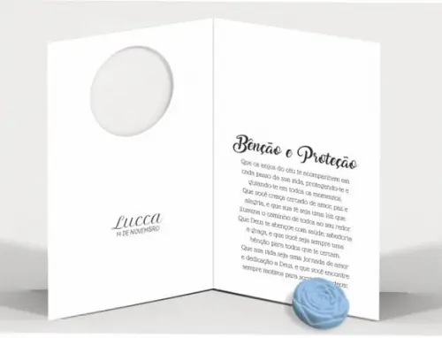 Cartão Batismo Personalizado c/ Aplique Mini Flor Azul.