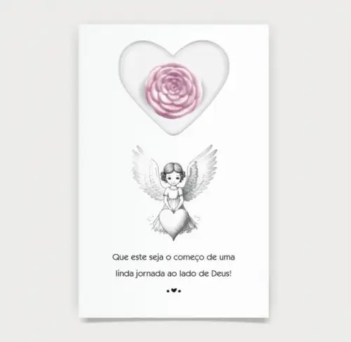 Cartão Batismo Personalizado c/ Aplique Mini Flor Rosa.