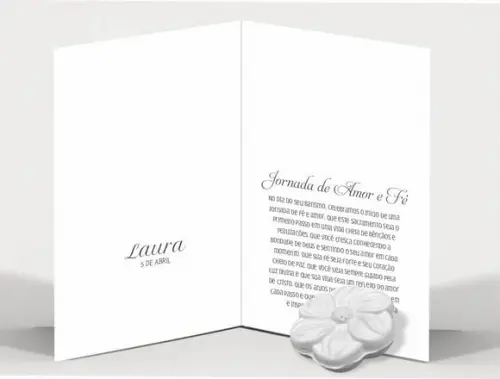 Cartão Batismo Personalizado c/ Aplique Sabonete Flor.