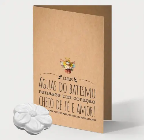 Cartão Batismo Personalizado c/ Aplique Sabonete Flor.