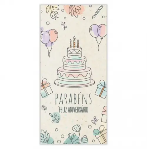 Cartão de Aniversário Personalizado. 10x21cm. Pct. c/ 12un