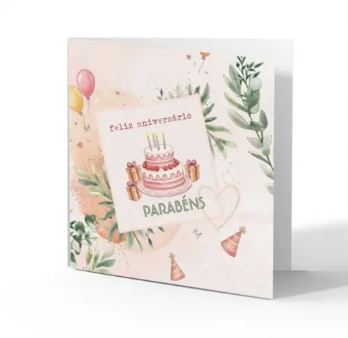 Cartão de Aniversário Personalizado. 15x15cm. Pct. c/ 12un