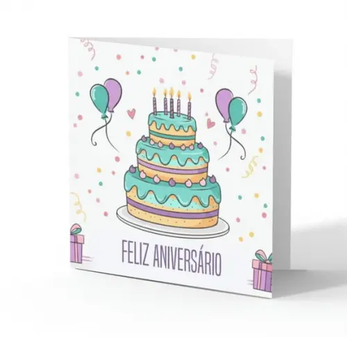 Cartão de Aniversário Personalizado. 15x15cm. Pct. c/ 12un