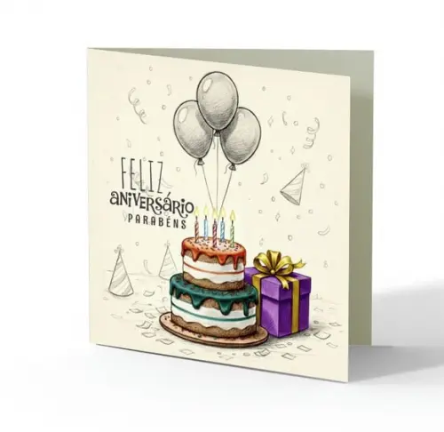 Cartão de Aniversário Personalizado. 15x15cm. Pct. c/ 12un