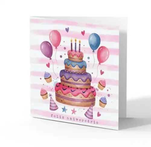 Cartão de Aniversário Personalizado. 15x15cm. Pct. c/ 12un