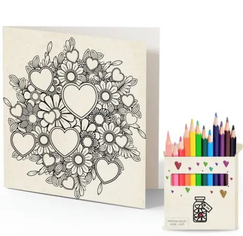 Cartão de Pintar + Lápis de Cor, Personalizados. Corações.