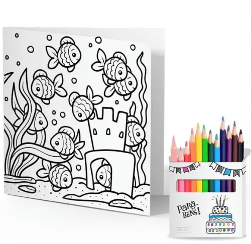 Cartão de Pintar + Lápis de Cor, Personalizados. Peixinhos,