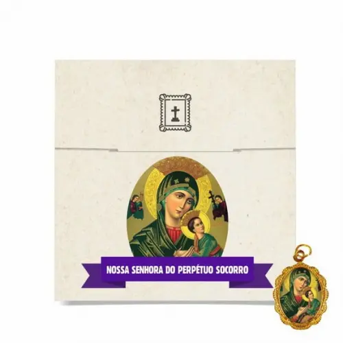 Cartão person. + medalhinha de N. Sra. do Perpétuo Socorro