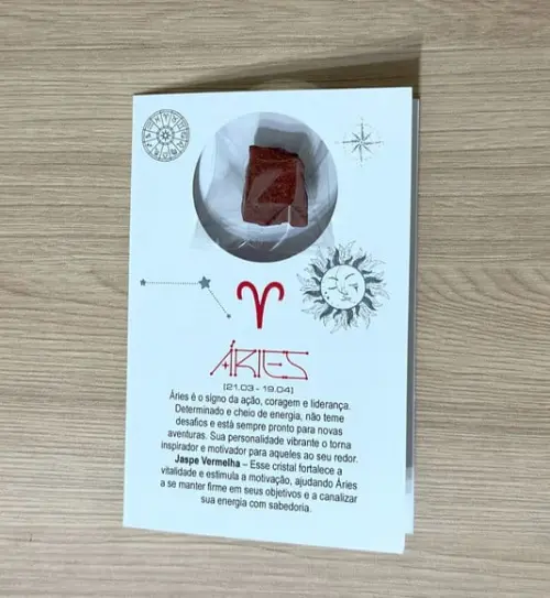 Cartão Person. Signo Áries + Jaspe Vermelho. Pct c/ 12 Kits.
