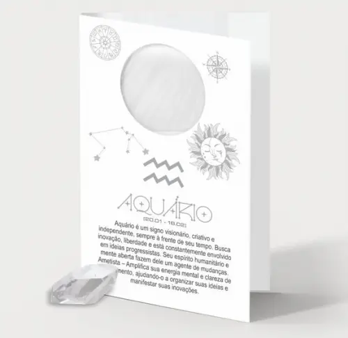 Cartão Person. Signo Aquário + Cristal. Pct c/ 12 Kits.