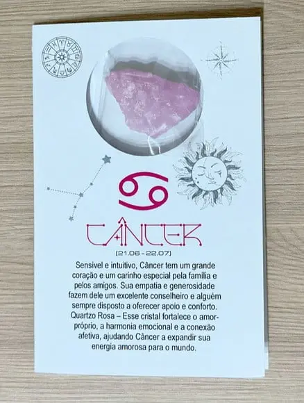 Cartão Person. Signo Câncer + Quartzo Rosa. Pct c/ 12 Kits.