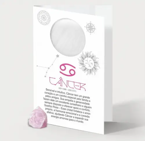 Cartão Person. Signo Câncer + Quartzo Rosa. Pct c/ 12 Kits.