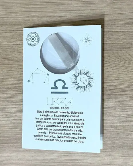 Cartão Person. Signo Libra + Selenita. Pct c/ 12 Kits.