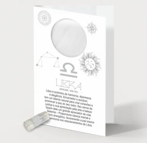 Cartão Person. Signo Libra + Selenita. Pct c/ 12 Kits.