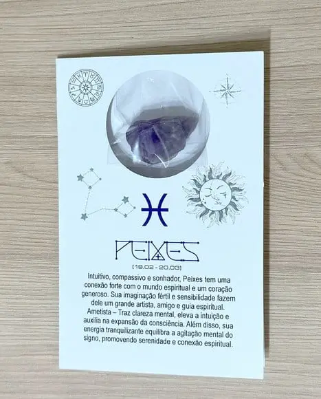 Cartão Person. Signo Peixes + Ametista. Pct c/ 12 Kits.