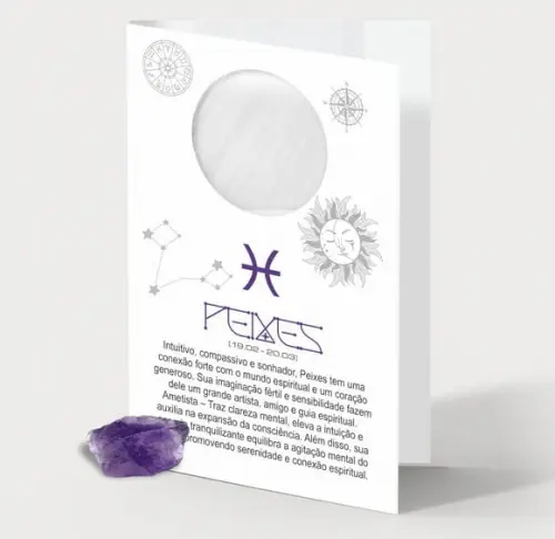 Cartão Person. Signo Peixes + Ametista. Pct c/ 12 Kits.