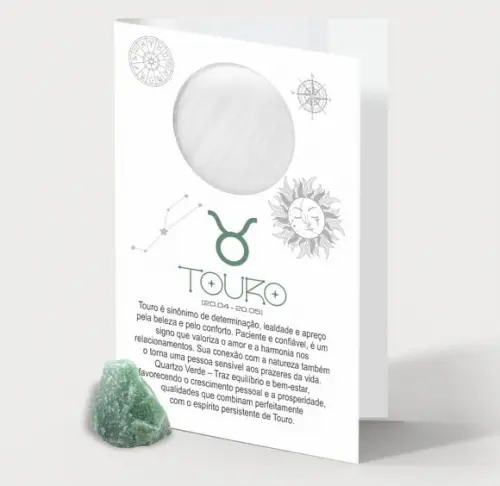 Cartão Person. Signo Touro + Quartzo Verde. Pct c/ 12 Kits