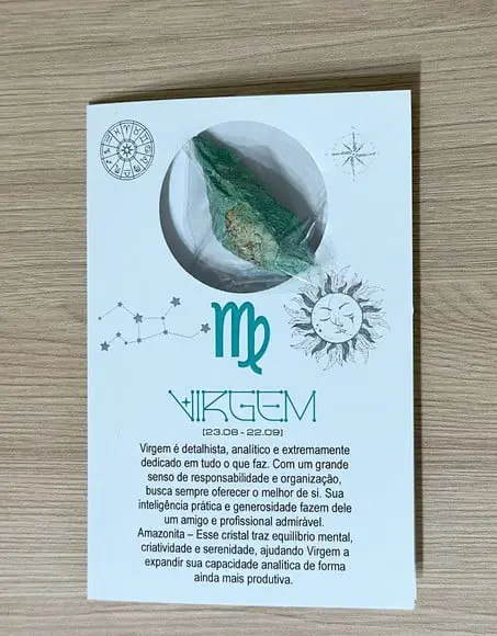 Cartão Person. Signo Virgem + Amazonita. Pct c/ 12 Kits.
