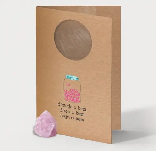 Cartão Personalizado + Cristal Quartzo Rosa. Pct c/ 12 Kits.