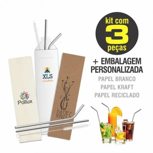 Kit Canudo Inox c/ 3 Pçs + Embalagem Personalizados