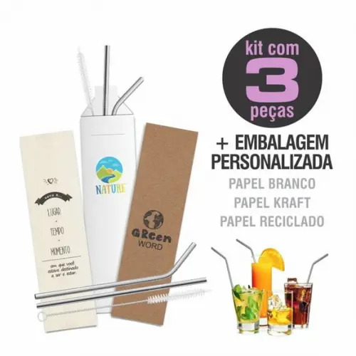 Kit Canudo Inox c/ 3 Pçs + Embalagem Personalizados