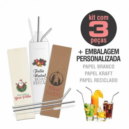 Kit Canudo Inox c/ 3 Pçs + Embalagem Personalizados Natal