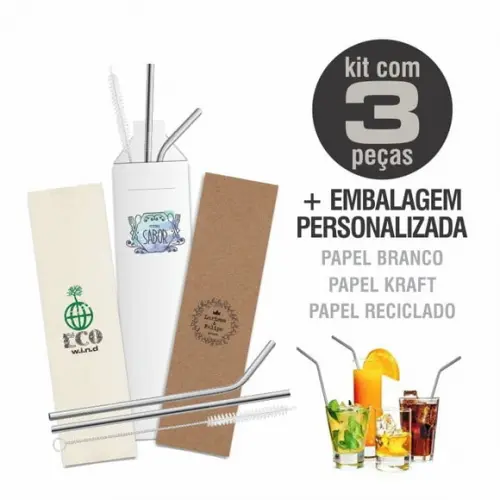 Kit Canudo Inox c/ 3 Pçs + Embalagem Personalizados