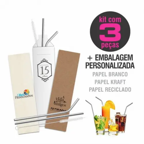 Kit Canudo Inox c/ 3 Pçs + Embalagem Personalizados