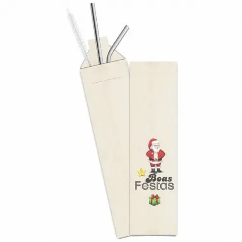 Kit Canudo Inox c/ 3 Pçs + Embalagem Personalizados Natal