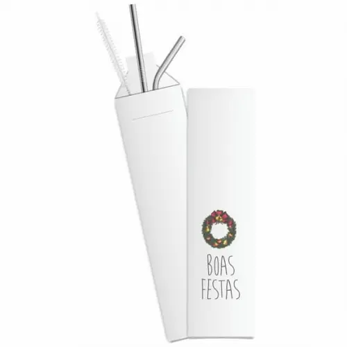 Kit Canudo Inox c/ 3 Pçs + Embalagem Personalizados Natal