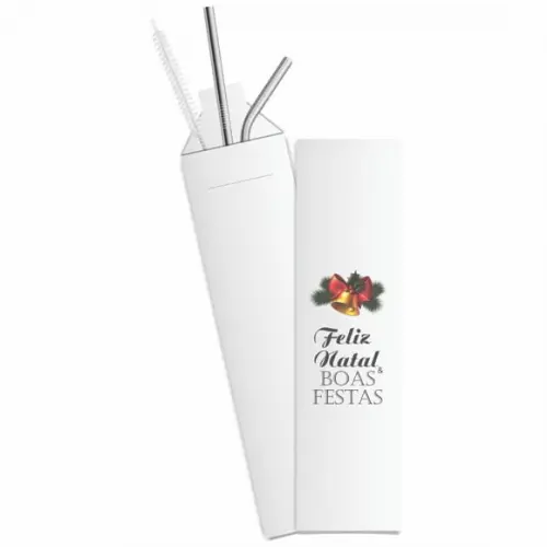 Kit Canudo Inox c/ 3 Pçs + Embalagem Personalizados Natal