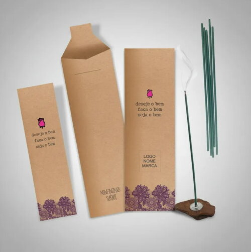Kit Incenso Personalizado Rosa Botão Renda Roxa Kraft - 24un