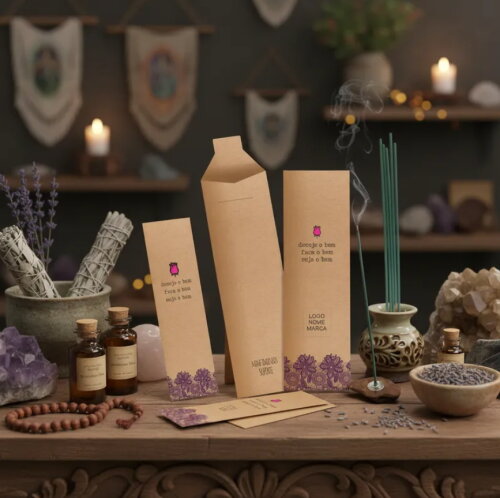 Kit Incenso Personalizado Rosa Botão Renda Roxa Kraft - 24un