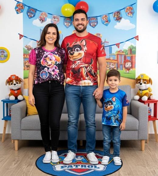 Camiseta Patrulha Canina Kit Família 3 Peças 2 Adulto 1 Inf