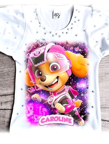 Camiseta Patrulha Canina Skye Luxo com Strass e Pérolas