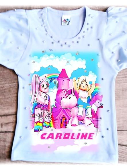 Camiseta Roblox Menina com Strass e Pérolas Luxo