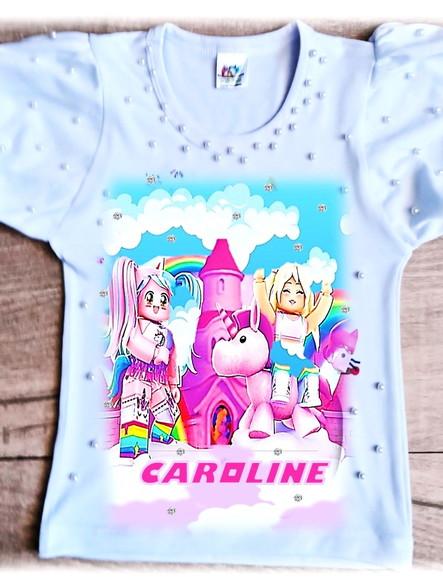 Camiseta Roblox Menina com Strass e Pérolas Luxo