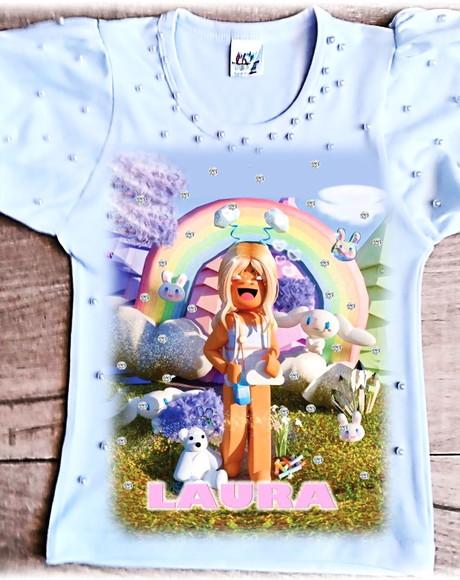 Camiseta Roblox Menina com Strass e Pérolas Luxo