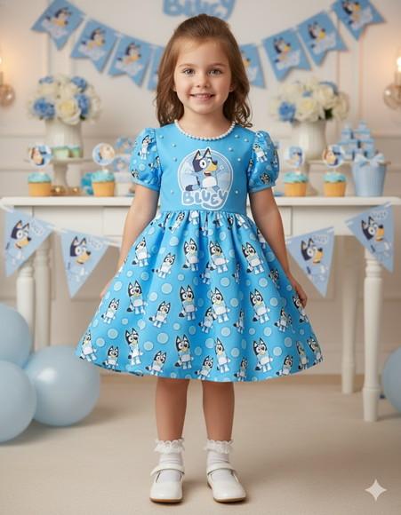 Vestido Bluey com Pérolas Manga Bufante Acompanha Saia Tutu